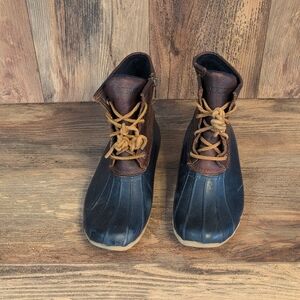 Sperry Women's Saltwater Duck Boot Navy/Brown Leather Rubber Boots